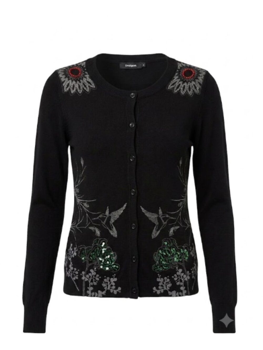Desigual Black Embroidered Hummingbird Sequin Cardigan Sweater SZ XS